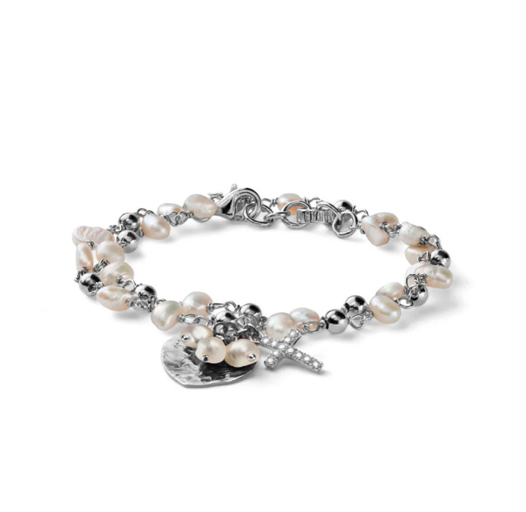 Immagine di Bracciale Donna Due Giri Con Perle Pendenti Cuore E Croce Mariacristinasterling | G4282