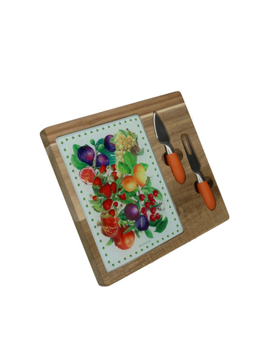Immagine di Tagliere Formaggi Le Primizie Acacia E Vetro Decorato Con 2 Coltelli Inox/Tpr Brandani | 52440