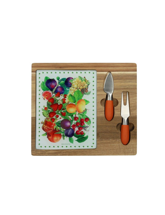 Immagine di Tagliere Formaggi Le Primizie Acacia E Vetro Decorato Con 2 Coltelli Inox/Tpr Brandani | 52440