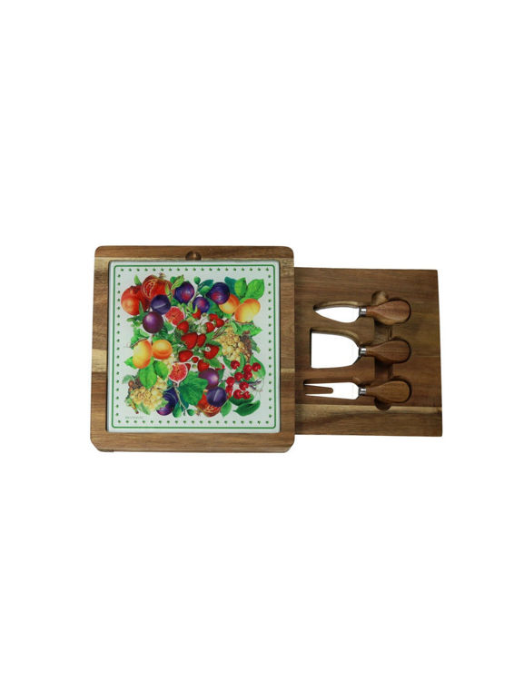 Immagine di Tagliere Formaggi Le Primizie Acacia/Vetro Decorato Con Cofanetto E 3 Coltelli Inox/Tpr Brandani | 52441