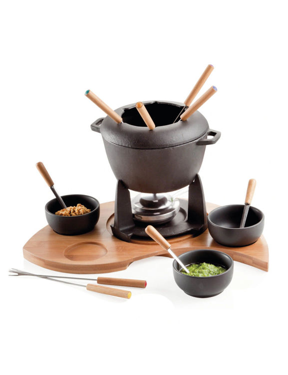 Immagine di Fonduta Mezzaluna Con Supporto Set 17 Pezzi In Ghisa E Bamboo Brandani | 59203