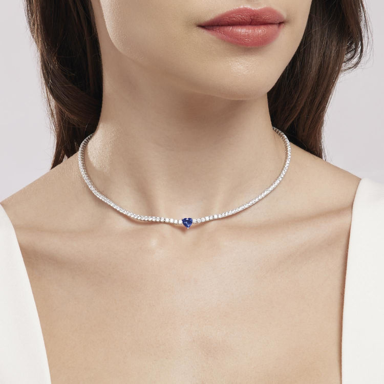 Immagine di Girocollo Tennis In Argento Con Zirconi E Spinello Blu Cuore Gioielli Mabina | 553430