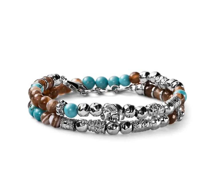 Immagine di Bracciale Uomo Argento Agata Marrone E Aulite Celeste Charm Elefanti Due Giri Mariacristinasterling | G2803