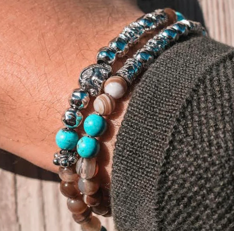 Immagine di Bracciale Uomo Argento Agata Marrone E Aulite Celeste Charm Elefanti Due Giri Mariacristinasterling | G2803
