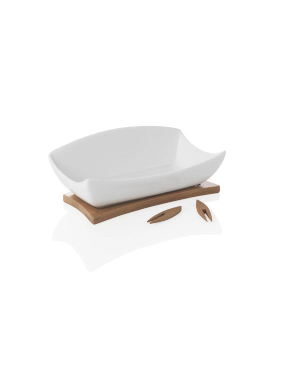Immagine di Antipastiera Relax Porcellana Bianca C/Supporto E 3 Forchettine Bamboo Brandani | 54142