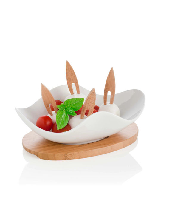 Immagine di Antipastiera Nuvola Porcellana Bianca C/Supporto E 4 Forchettine Bamboo Brandani | 55443