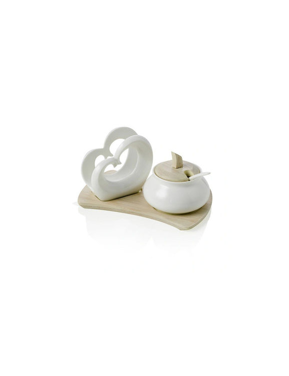 Immagine di Serving Portatovaglioli Doppio Cuore E Zuccheriera Porcellana Bianca C/Supporto Bamboo Naturale Brandani | 54610