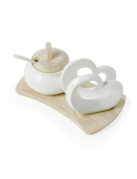 Immagine di Serving Portatovaglioli Doppio Cuore E Zuccheriera Porcellana Bianca C/Supporto Bamboo Naturale Brandani | 54610