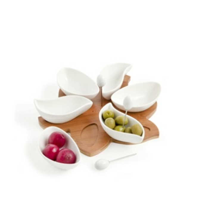 Immagine di Antipastiera Spicchi Di Sole Porcellana Bianca C/Supporto Bamboo E 3 Forchettine Inox Brandani | 55754