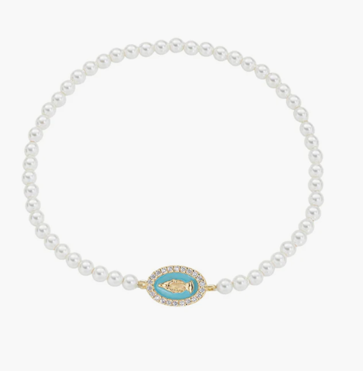 Immagine di Bracciale di Perle con Medaglia Miracolosa Dorata e Smalto Verde Mare Amen | BRELPE30SWGTI