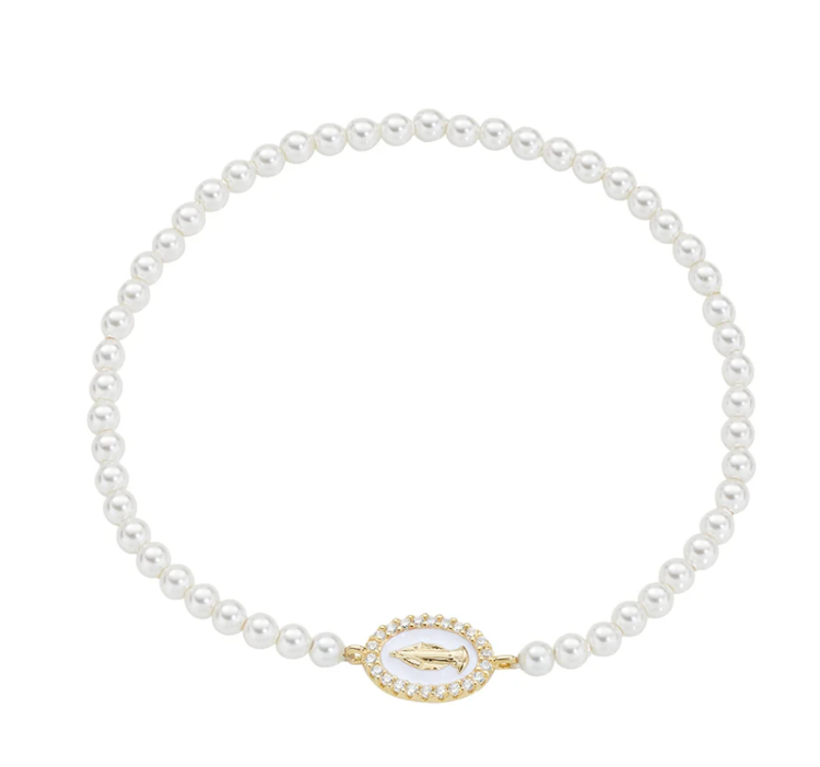 Immagine di Bracciale di Perle con Medaglia Miracolosa Dorata e Smalto Bianco Perla Amen | BRELPE30SWGB