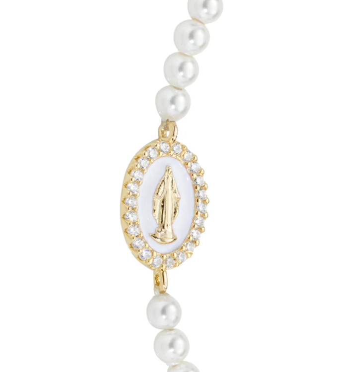 Immagine di Bracciale di Perle con Medaglia Miracolosa Dorata e Smalto Bianco Perla Amen | BRELPE30SWGB