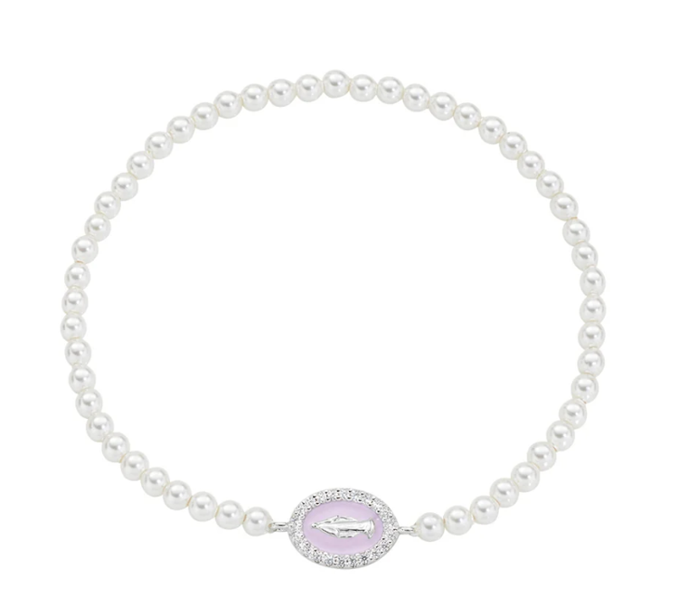 Immagine di Bracciale di Perle con Medaglia Miracolosa e Smalto Rosa Perla Amen | BRELPE30SWBROZ