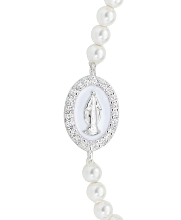 Immagine di Bracciale di Perle con Medaglia Miracolosa e Smalto Bianco Perla Amen | BRELPE30SWBBZ