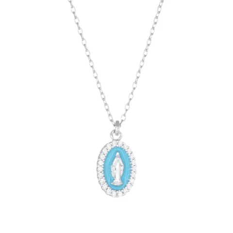 Collana Rodiata mini Medaglia Miracolosa smaltata Turchese Amen | CLMISMBPE