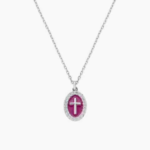 Collana in Ottone Rodiato Croce su Medaglia Smaltata Bordeaux Amen | OTCLCRSMBBO