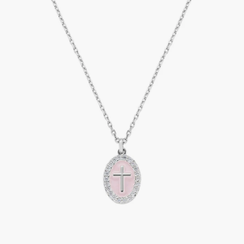 Collana in Ottone Rodiato Croce su Medaglia Smaltata Rosa Amen | OTCLCRSMBRO