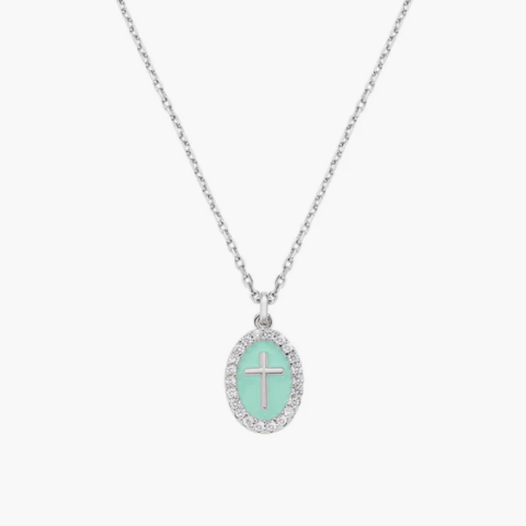 Collana in Ottone Rodiato Croce su Medaglia Smaltata Verde Mare Amen | OTCLCRSMBTI