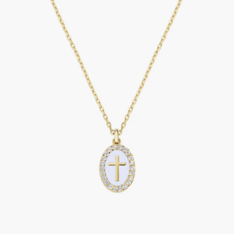 Collana in Ottone Placcato Oro 18k Croce su Medaglia Smaltata Amen | OTCLCRSMGB
