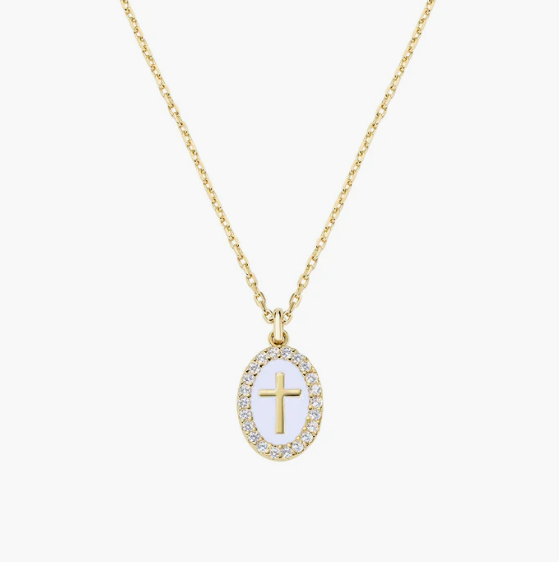 Collana in Ottone Placcato Oro 18k Croce su Medaglia Smaltata Amen | OTCLCRSMGB