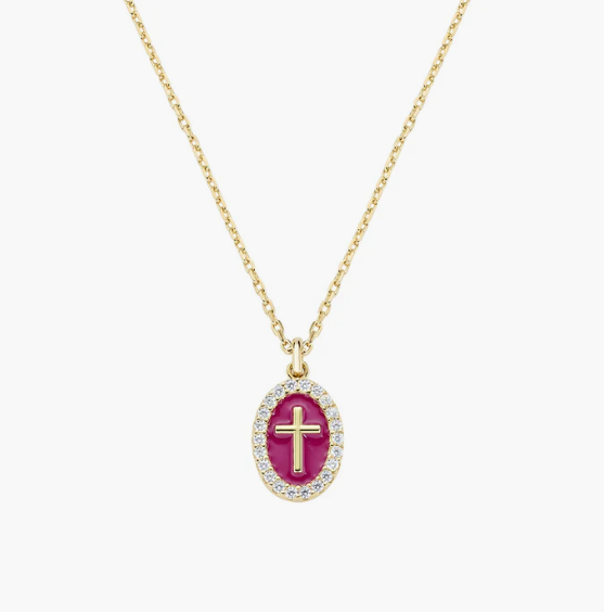 Collana in Ottone Placcato Oro 18k Croce su Medaglia Smaltata Bordeaux Amen | OTCLCRSMGBO