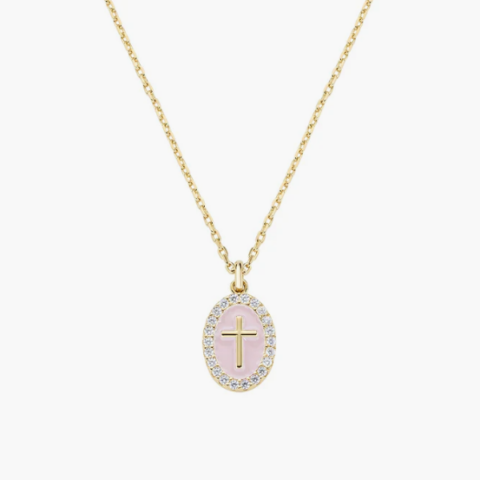Collana in Ottone Placcato Oro 18k Croce su Medaglia Smaltata Rosa Amen | OTCLCRSMGRO