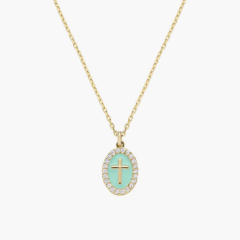 Collana in Ottone Placcato Oro 18k Croce su Medaglia Smaltata Verde Mare Amen | OTCLCRSMGTI