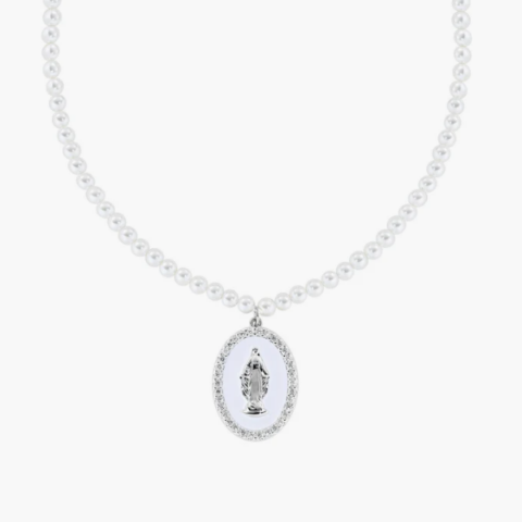 Collana Perle di Cristallo e Medaglia Miracolosa in Ottone Rodiato Amen | OTCLPE30SWBB2