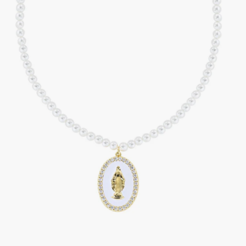 Collana Perle di Cristallo e Medaglia Miracolosa in Ottone Placcato Oro 18k Amen | OTCLPE30SWGB2