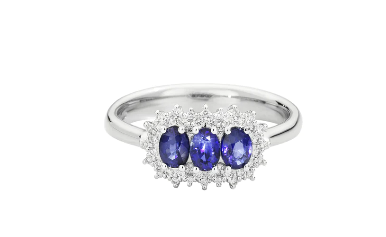 Anello Trilogy con Zaffiri in oro bianco 18 Kt e contorno di diamanti Recarlo | R77TC001/ZB-14