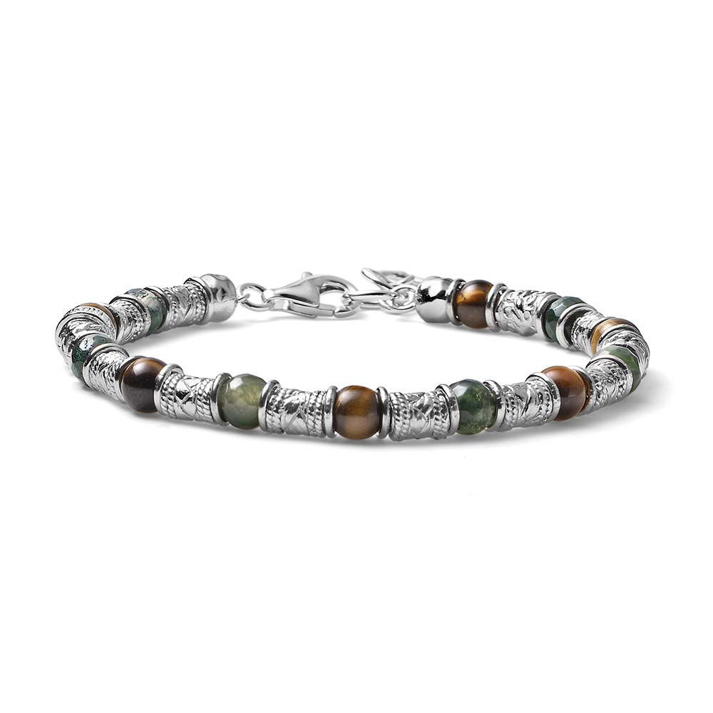 Bracciale Uomo Siena Agata Muschiata Verde E Occhio Di Tigre Barilotti Decorati In Argento Mariacristinasterling | G4148