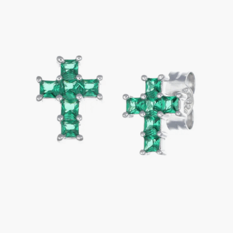 Orecchini a Lobo Croce di Zirconi Verdi Gioielli Amen | ECQBVE