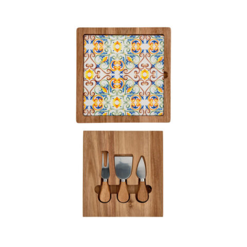 Tagliere Formaggi Medicea Acacia/Vetro Con Cofanetto Coltelli Acacia/Inox Brandani | 53731
