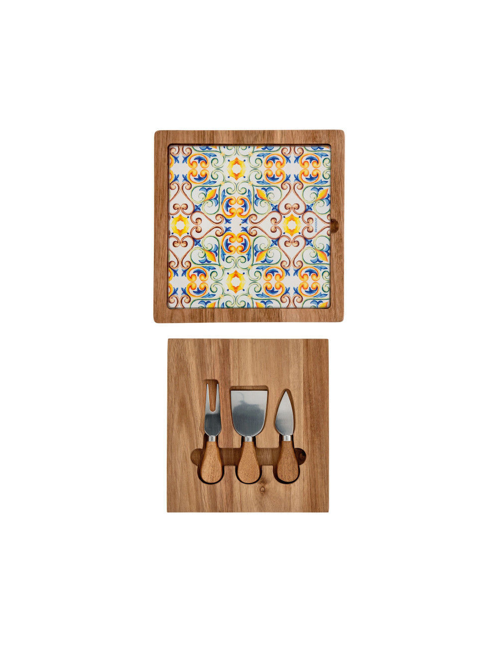 Tagliere Formaggi Medicea Acacia/Vetro Con Cofanetto Coltelli Acacia/Inox Brandani | 53731