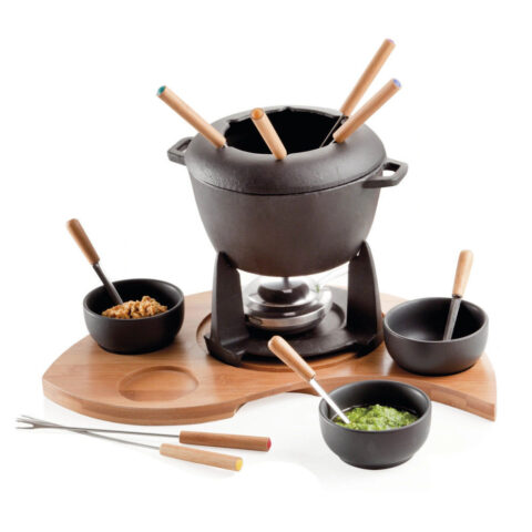 Fonduta Mezzaluna Con Supporto Set 17 Pezzi In Ghisa E Bamboo Brandani | 59203