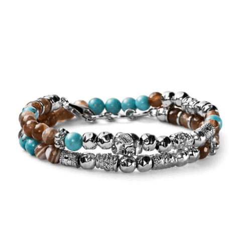 Bracciale Uomo Argento Agata Marrone E Aulite Celeste Charm Elefanti Due Giri Mariacristinasterling | G2803