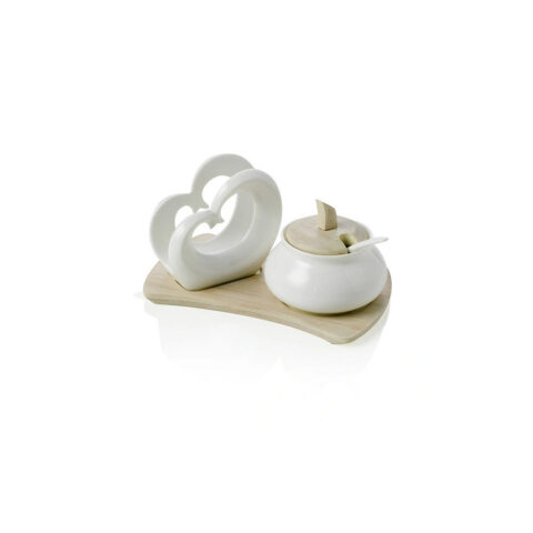 Serving Portatovaglioli Doppio Cuore E Zuccheriera Porcellana Bianca C/Supporto Bamboo Naturale Brandani | 54610