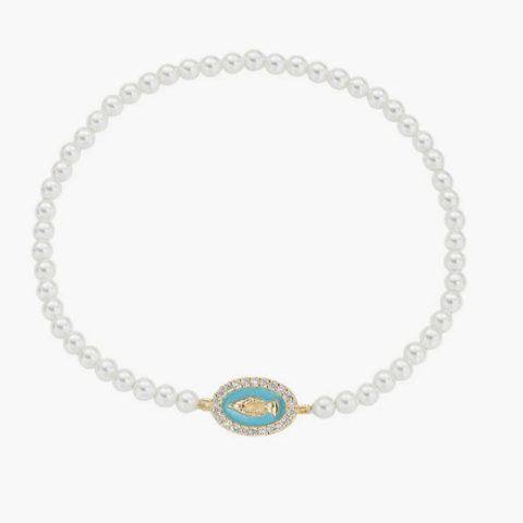 Bracciale di Perle con Medaglia Miracolosa Dorata e Smalto Verde Mare Amen | BRELPE30SWGTI