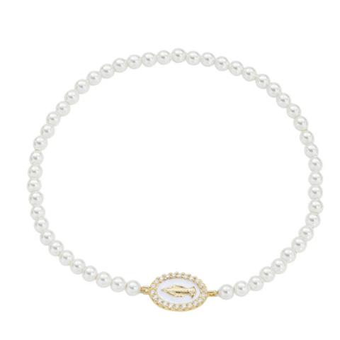 Bracciale di Perle con Medaglia Miracolosa Dorata e Smalto Bianco Perla Amen | BRELPE30SWGB