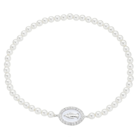 Bracciale di Perle con Medaglia Miracolosa e Smalto Bianco Perla Amen | BRELPE30SWBBZ