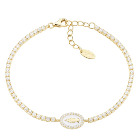 Bracciale Tennis Dorato con Miracolosa e Smalto Bianco Perla Amen | BTMISMGBZ16